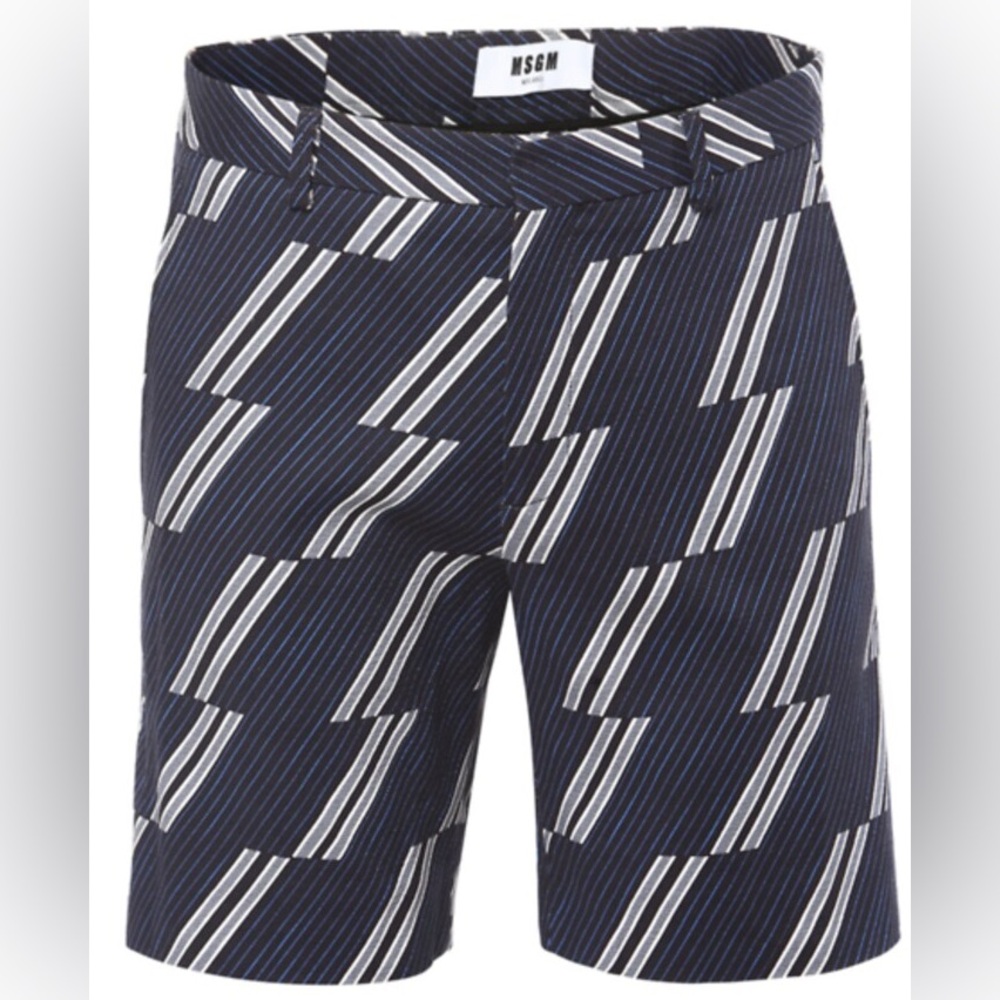 MSGM Black and White Geometric Shorts with Blue Stripes